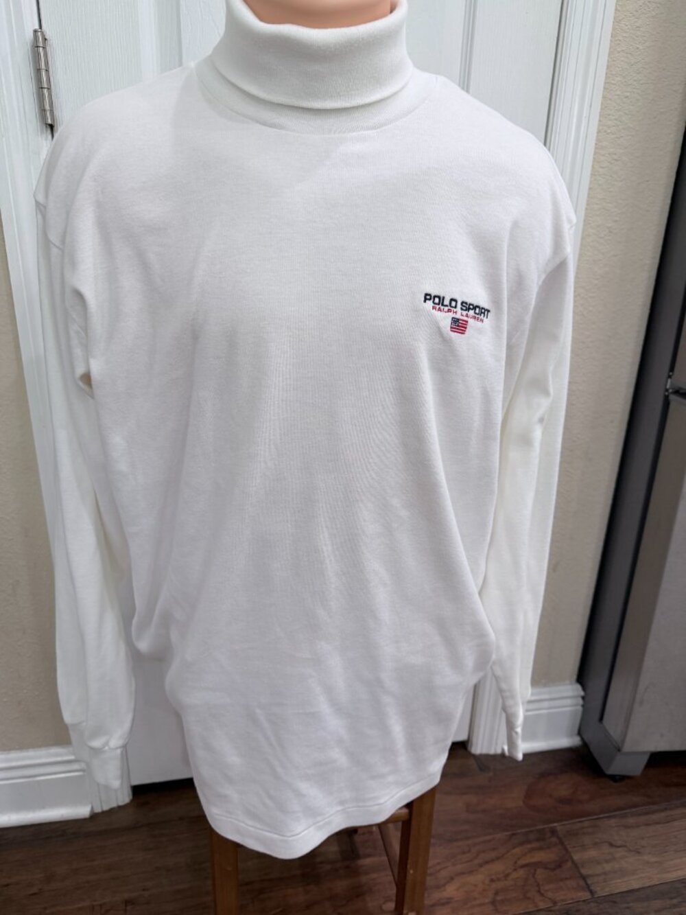 Vintage Polo Sport Ralph Lauren White Turtleneck USA Flag Logo Made in USA L